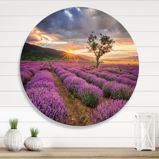 Designart - Sunrise & Dramatic Clouds Over Lavender Field VIII - Farmhouse Metal Circle Wall Art